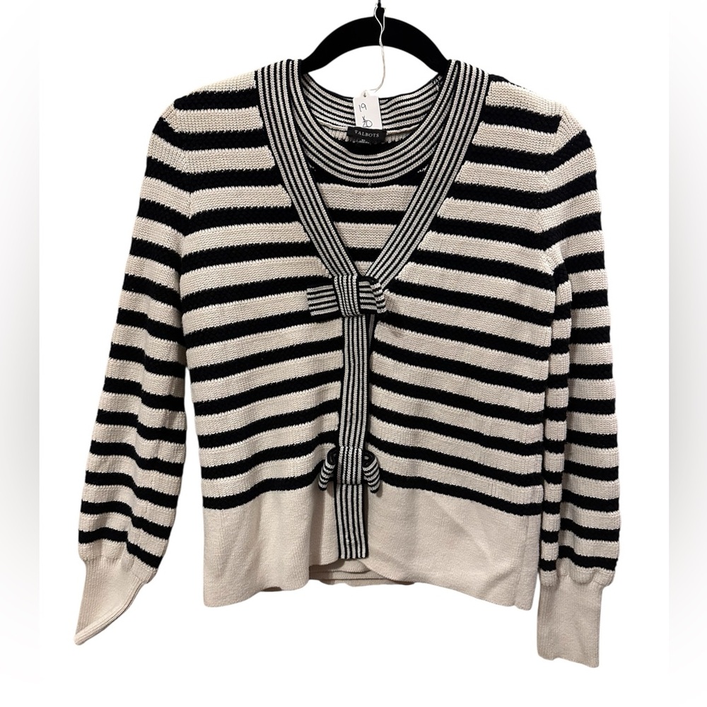 Talbots Black and White Striped V-Neck Sweater. EUC